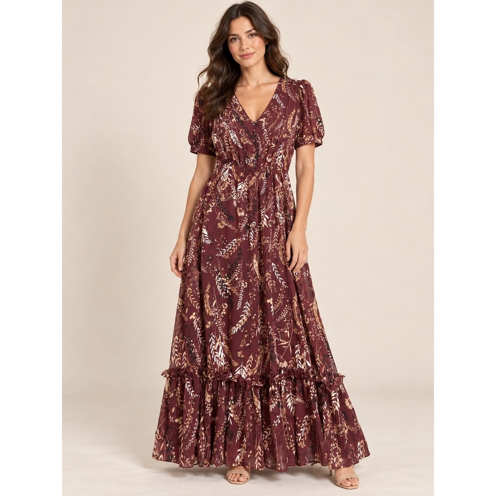 Calvin Klein Maxi Dress Burgundy Floral V-Neck Puff Sleeve Tiered Ruffle